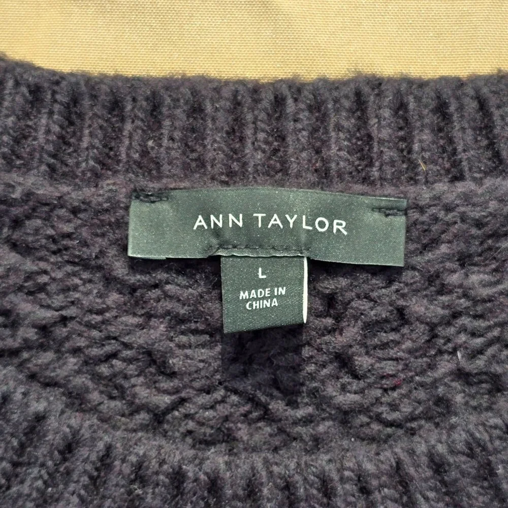 Ann Taylor Black cableknit Sweater with Rhinestone Floral Accent, size L, EUC - Picture 6 of 9